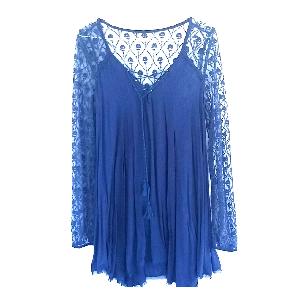 écote Teal Tunic Top Dress Lace Sleeve